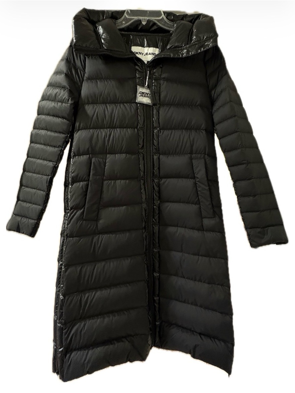 NWT DKNY Jeans Long Hooded Puffer Coat Black S - Picture 2 of 14